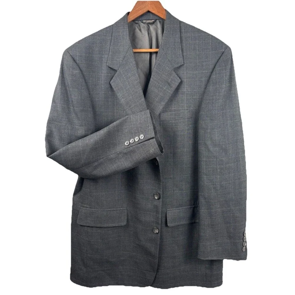 VINTAGE Bill Blass Mens 42L Blazer Jacket 100% Wool Glen Plaid Gray Made in USA